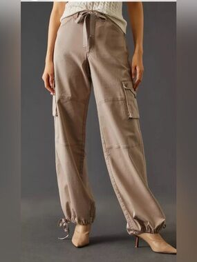 Anthropologie Pilcro Parachute Cargo Pants SZ 27 Beige Drawstring Tie Leg